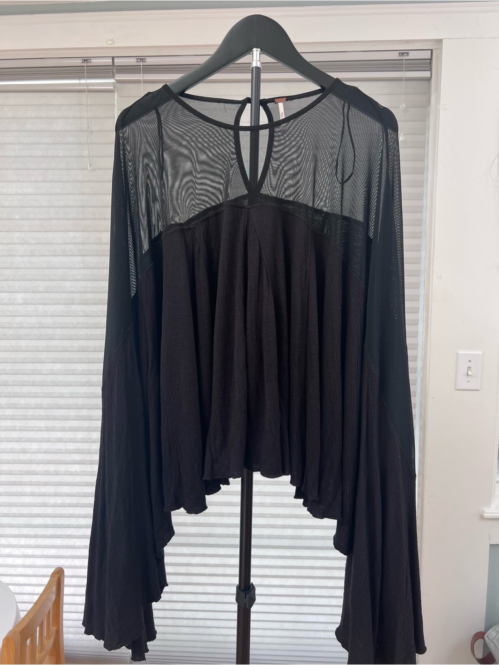 Free People Black Mesh Bell Sleeve Boho Top Medium M Sheer Oversized Top